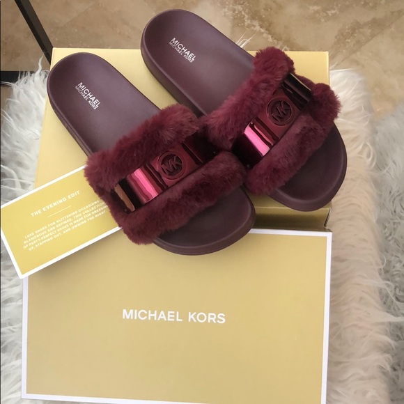 mk logo faux shearling slide
